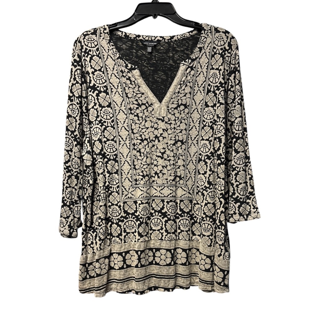 Lucky Brand Women’s V-Neck Black and Grayish Cream Patterned Tunic Top Size 2X